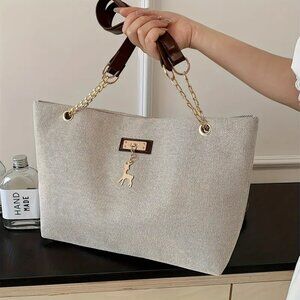 Elegant Large Tote Bag w/ Deer Charm – Adjustable Strap